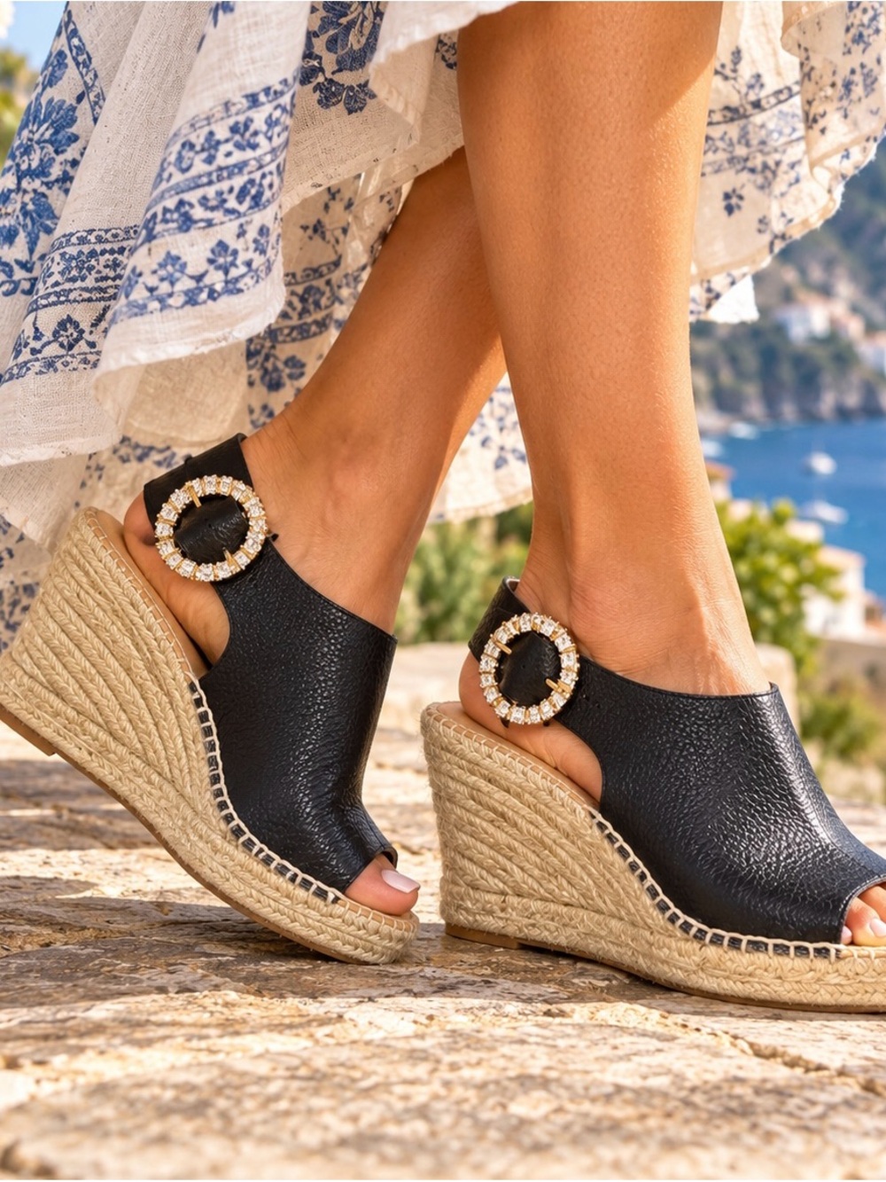Maypol 39 Black Leather Espadrille Wedge Rhinestone Buckle Made in Spain 8/8.5